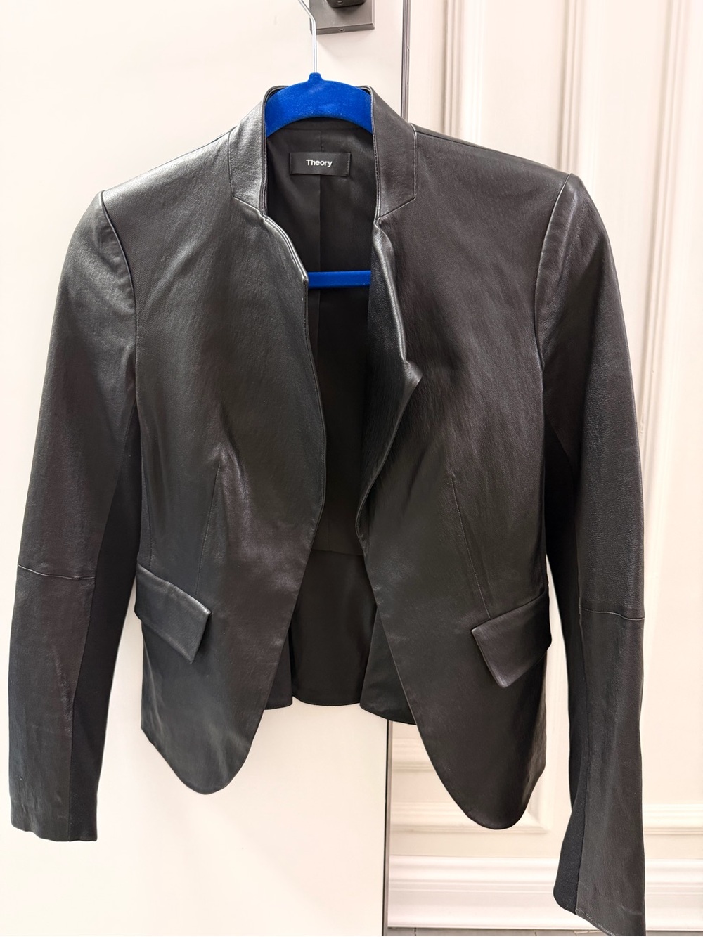 Theory Black Leather Open Collar Jacket